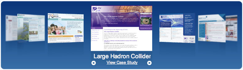 The Defacto CMS Flash widget, where selected items spin into focus. Select to go to the site.